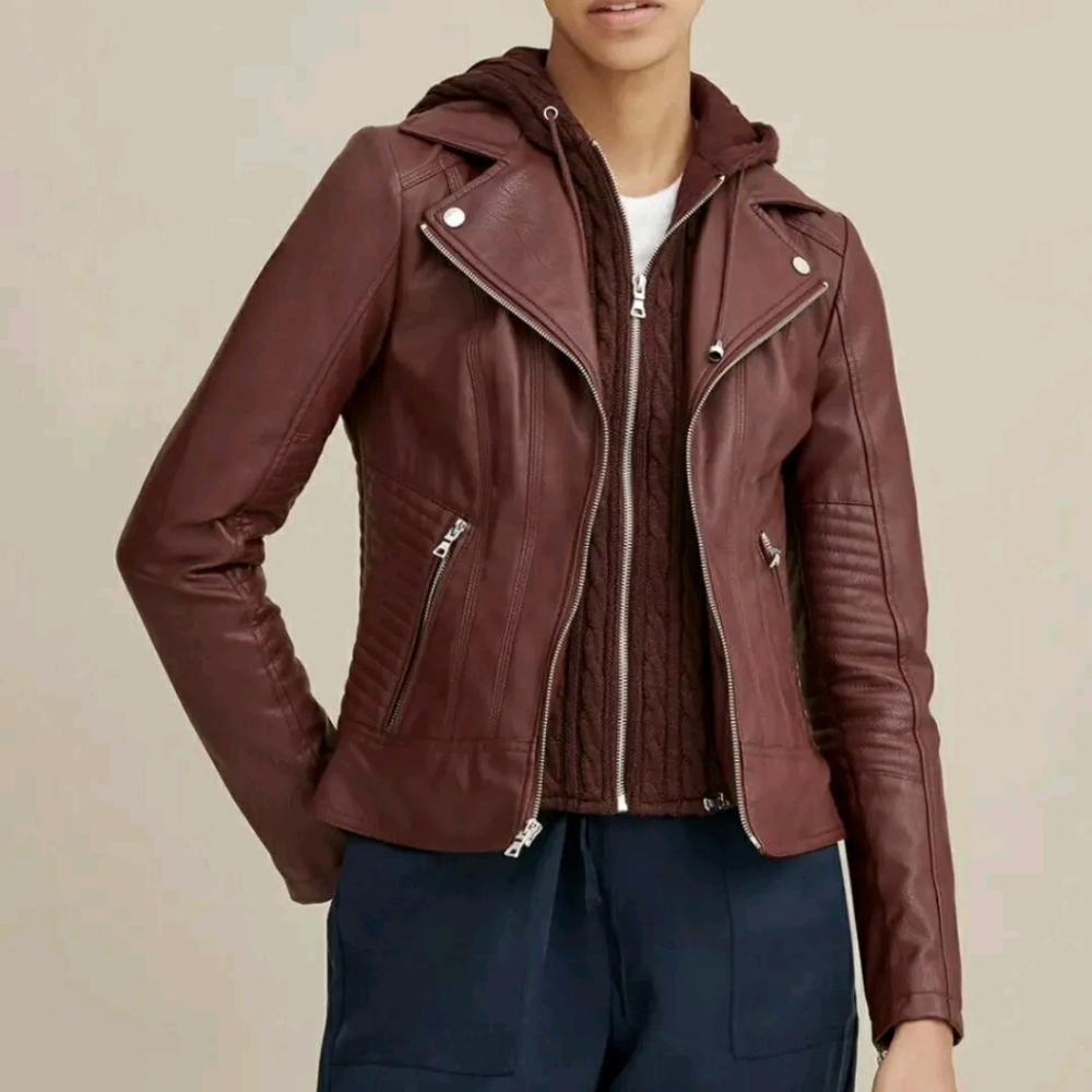 Guess Womens burgundy cable knit  Faux Leather jacket size L